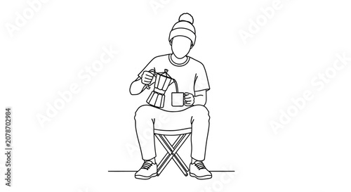 Person sitting on folding stool playing accordion.