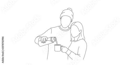 Two people pouring liquid into a cup together.