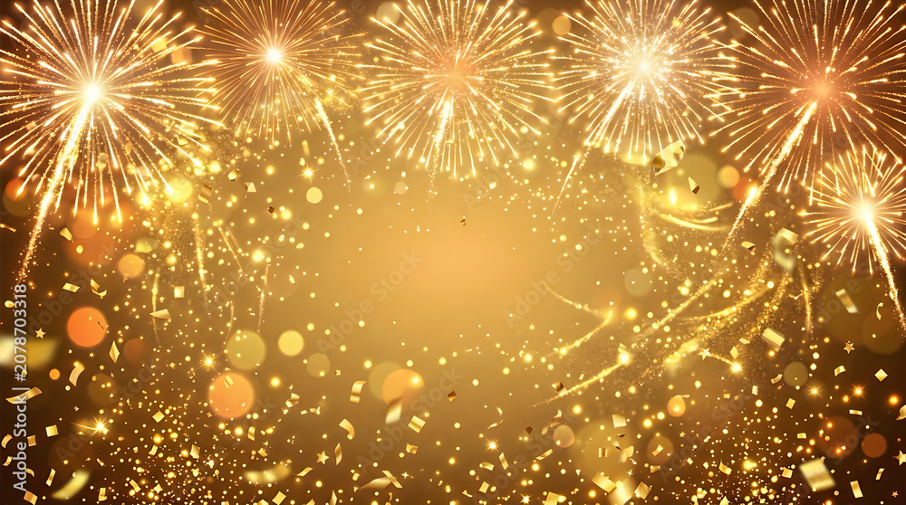 Fototapeta premium Golden fireworks and confetti background for celebration