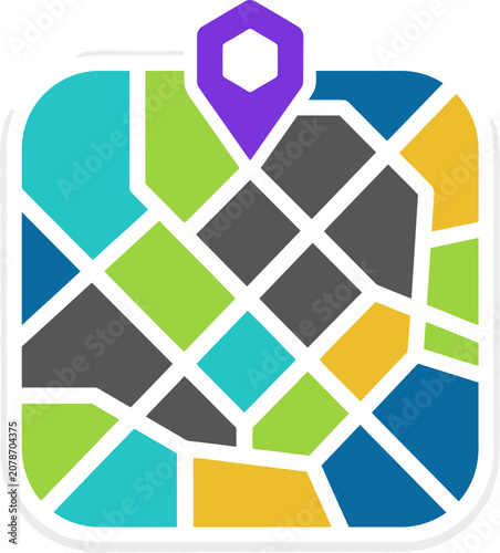 Navigation pin sits atop a colorful modular map grid designed with diverse geometric shapes and vibrant sections.