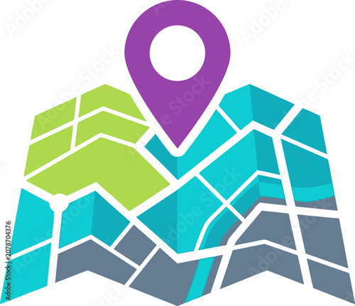 Map featuring a purple location marker pin indicates a specific destination point on a colorful stylized grid.