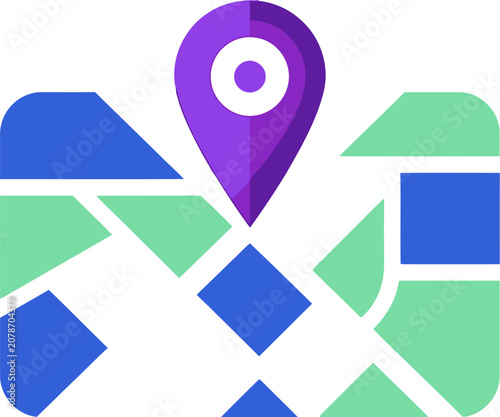 Location pin marks a specific destination on a stylized digital map composed of abstract geometric segments.