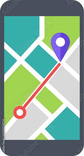 Smartphone displays a digital map with a navigation route and destination marker for travel planning.