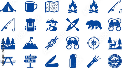 Camping icons provide a comprehensive visual set for outdoor adventure and wilderness exploration themes.