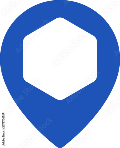 Location pin icon showcases a blue design with a central hexagonal shape for navigation interfaces.