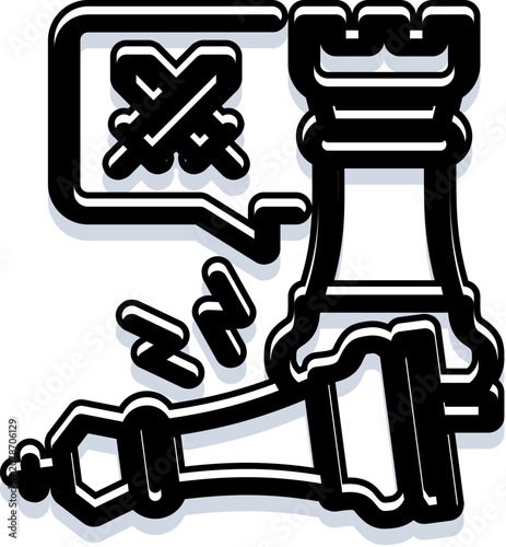 Fotografie Rook icon standing victorious over a toppled king piece with a crossed out speec