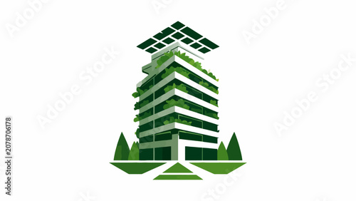 A modern eco friendly building with lush greenery and solar panels on the roof