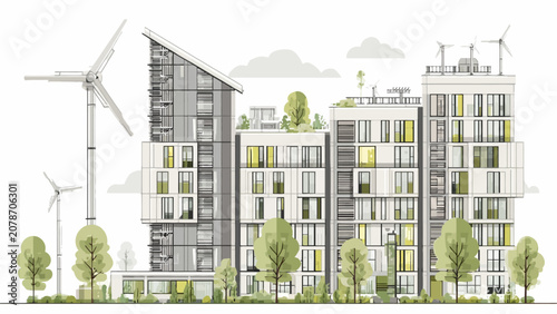 A modern eco friendly residential complex with wind turbines and green trees