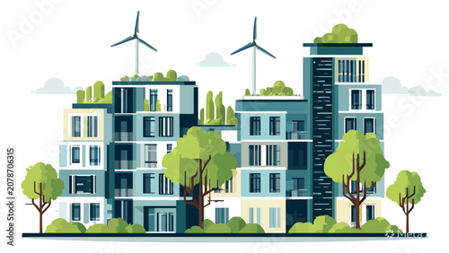 A modern eco friendly apartment complex with wind turbines and green roof gardens