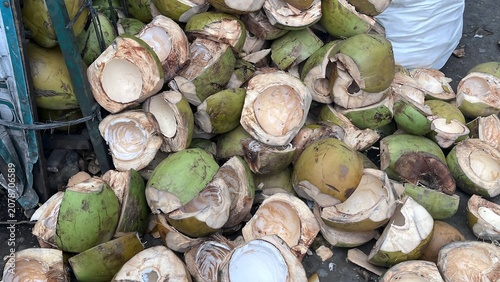 Obraz na plátně Fresh Green Coconuts Cracked Open on Ground