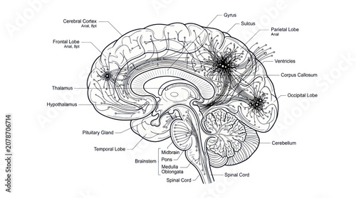 Photos Human brain anatomy diagram with medical labels and cross section