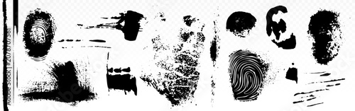 Obraz na plátně Realistic fingerprint patterns, thumbprint black ink smudges with splatters, vector human identification marks isolated on transparent background