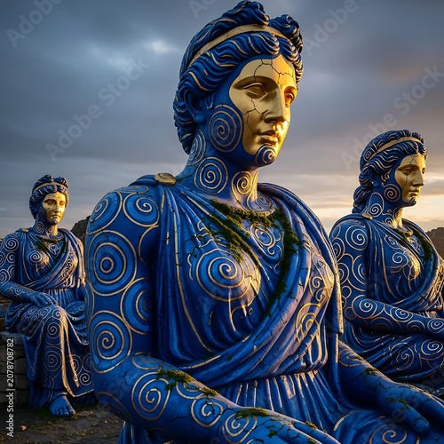 Majestic Blue Statues of Women with Spiral Patterns.