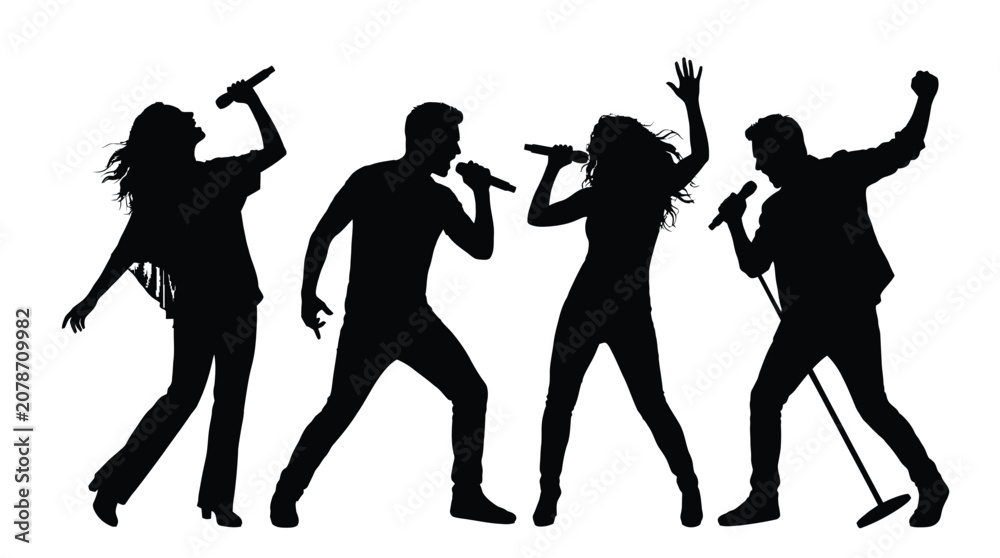 Fototapeta premium Group of energetic young singers performing with microphones on stage in a high contrast black and white silhouette art style