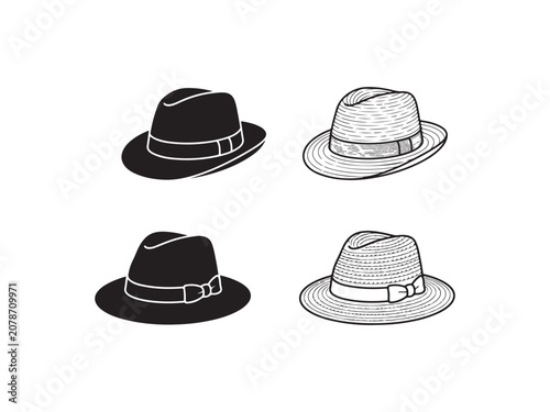 Four different stylish fedora hats with various designs and textures  simple illustrations