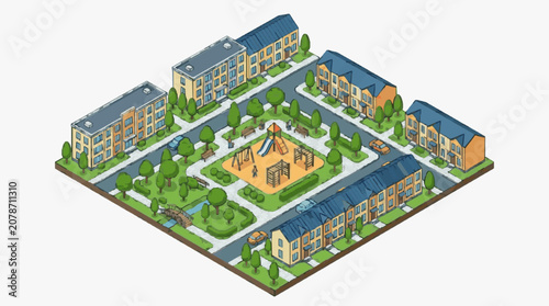 Bild auf Leinwand Urban Neighborhood with Central Church and Green Spaces.