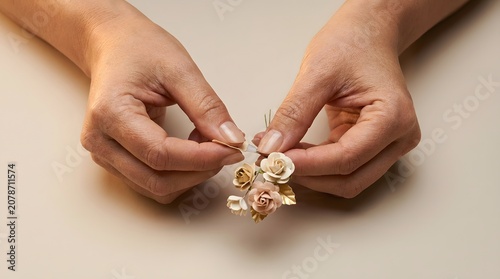 Woman hands holding delicate golden flower jewelry.