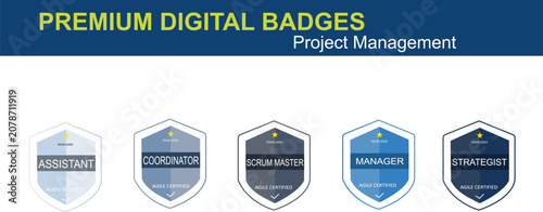 Set of five premium digital badges for project management professional roles