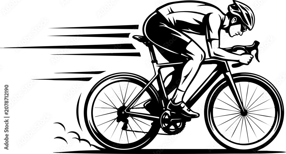 Fototapeta premium Cyclist racing on a road bicycle with speed lines Vector