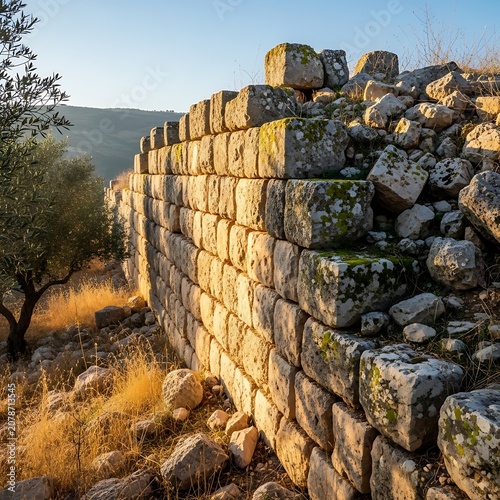 Ancient Stone Wall in Sunset Light with Nature Surroundings.