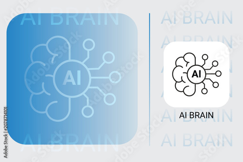 AI brain line icon illustration with neural network nodes, artificial intelligence and deep learning concept