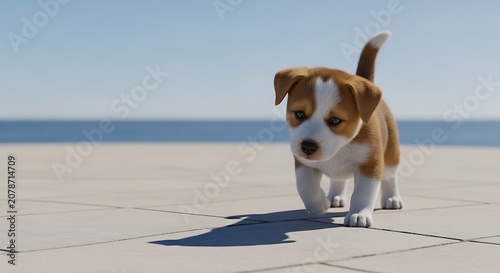Adorable Puppy Walking on Beachfront Boardwalk Under Clear Sky.