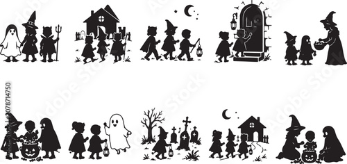 Minimal Black Halloween Trick or Treat Storytelling Silhouette Collection with Kids, Haunted House, Ghost and Witch Vector