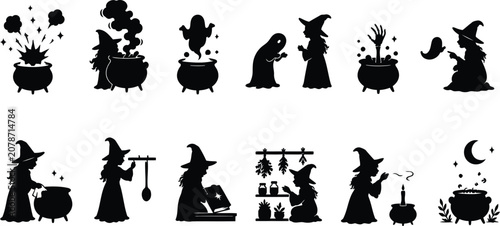Minimal Black Halloween Witch Storytelling Silhouette Collection with Magic Cauldron, Potion, Spell and Cat Vector Set