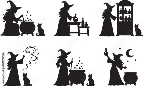 Halloween Witch Storytelling Silhouette Collection Set – Black Wizard, Potion, Cat, Cauldron, Magic, Pumpkin, Plants, House, Minimal Vector Icons Bundle