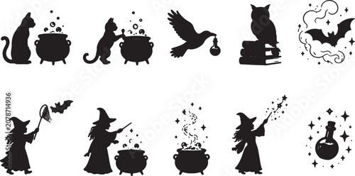 100 Minimal Black Halloween Witch Storytelling Silhouette Bundle Collection with Potions, Haunted House, Ghost and Magic Vector