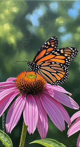Colorful Monarch Butterfly Resting on Pink Coneflower Flower in Nature Scene.