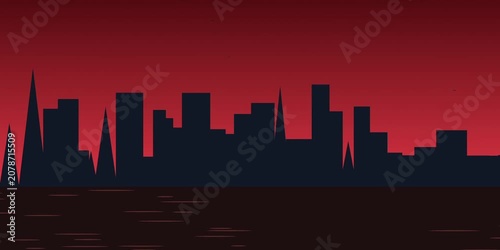 Stylized Cityscape at Sunset with Dark Silhouettes and Reflective Water