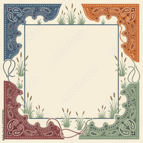 A decorative frame with paisley corners and grass