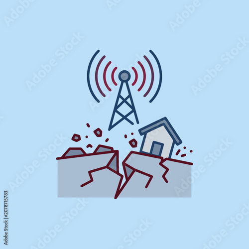 Earthquake disaster icon with house and tower