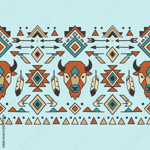 Tribal pattern with buffalo heads and geometric shapes
