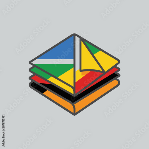 Colorful stacked geometric layers on a gray background