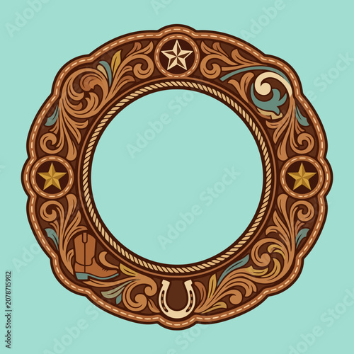 Ornate western leather frame with cowboy motifs