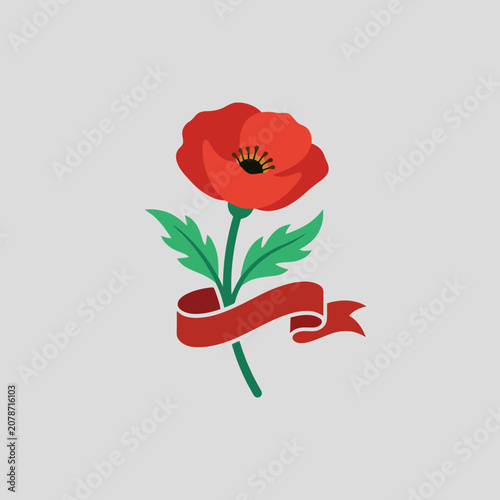 A red poppy flower with a ribbon on a gray background
