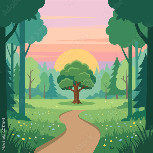 A winding path leads through a lush forest at sunset