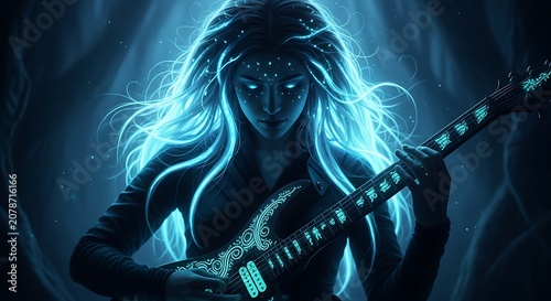 Mystical Female Guitarist with Electric Guitar in Dark Forest.