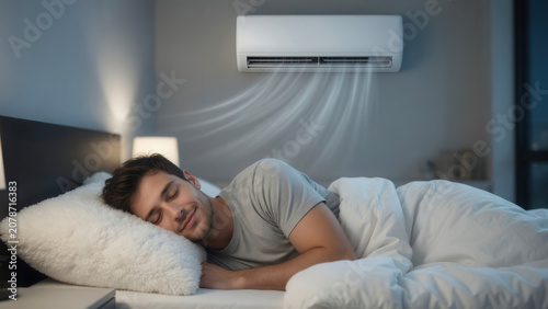 Caucasian man sleeping peacefully under air conditioner in bedroom, comfortable sleep and climate control for home comfort