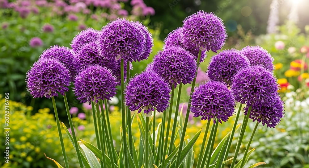Obraz premium Vivid Purple Allium Flowers Blooming in Garden.