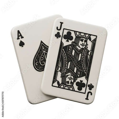 Two playing cards with jack of clubs and ace of spades on transparent background