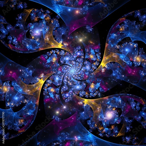 Abstract Cosmic Spiral Pattern with Bright Stars and Nebulae.