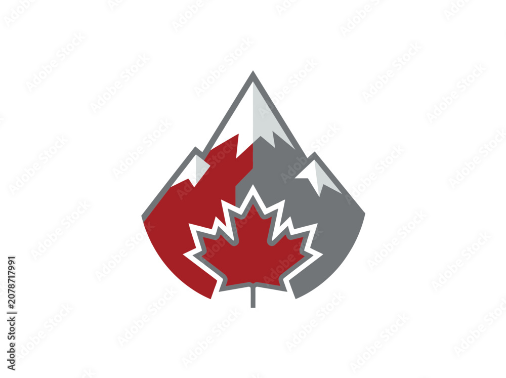 Obraz premium Minimalist Canadian Mountain Landscape Silhouette Emblem Featuring Iconic Red Maple Leaf Graphic Symbolism