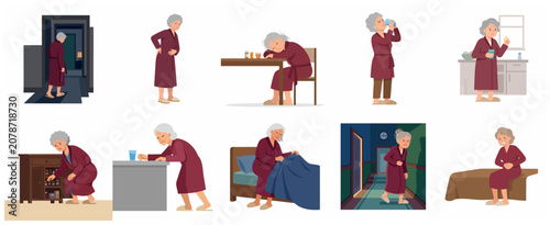 Cuadro en lienzo Senior woman suffering from health issues and symptoms set, elderly lady experie
