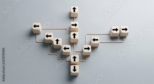 A group of wooden blocks with arrows on them connected by lines on a gray surface