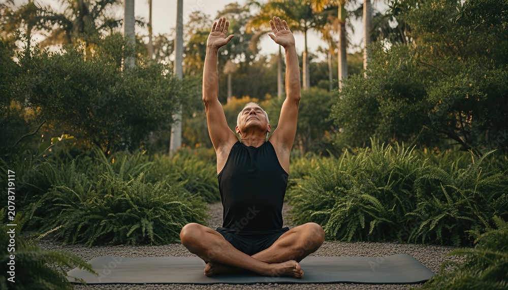 Fototapeta premium Senior man practicing mindful stretching on a yoga mat within a lush tropical garden during a warm golden hour sunset