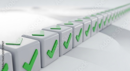 A row of white cubes with green checkmarks on a white surface