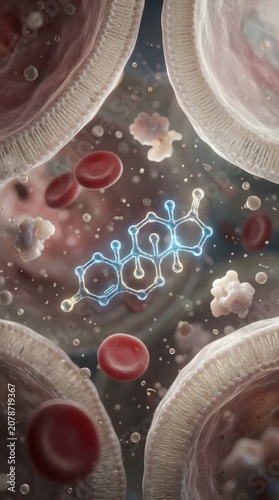 Ultra detailed photorealistic scientific macro scene featuring a Testosterone hormone molecule traveling through a healthy female cellular environment inspired by realistic human anatomy intricate mol